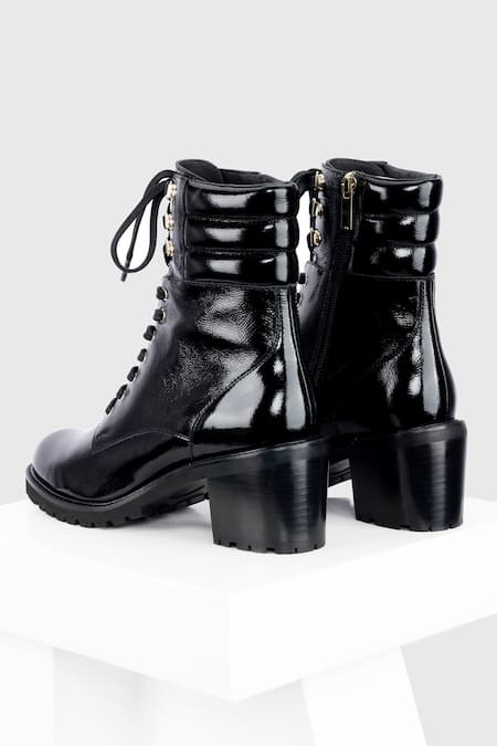 Oroh_Black Cordon Textured Leather Biker Boots _Online_at_Aza_Fashions
