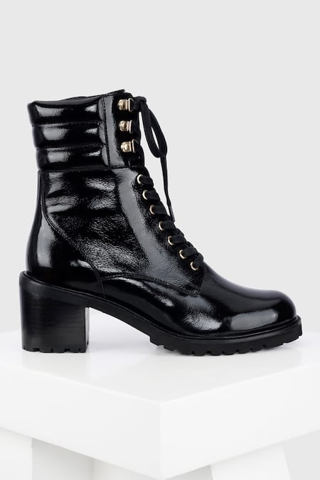 Buy_Oroh_Black Cordon Textured Leather Biker Boots _Online_at_Aza_Fashions
