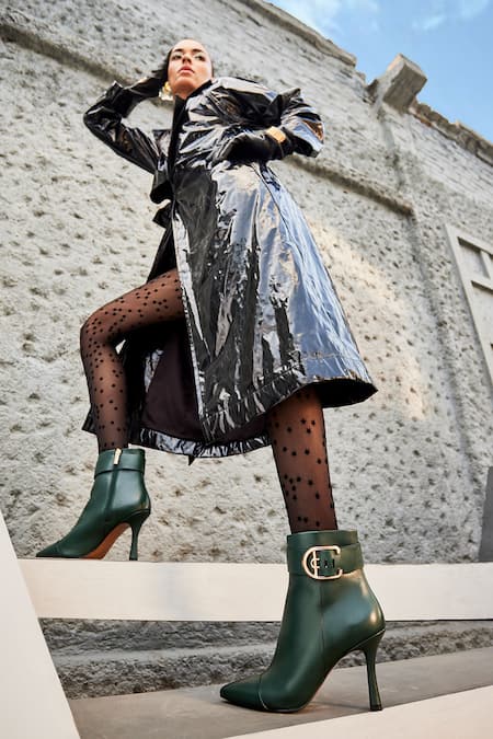 Oroh_Emerald Green Buckles Leandra Side Leather Ankle Boots _at_Aza_Fashions
