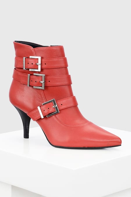 Shop_Oroh_Red Buckles Valeria Conical Heel Leather Boots _at_Aza_Fashions