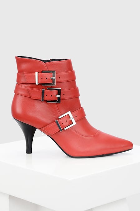 Oroh_Red Buckles Valeria Conical Heel Leather Boots _Online_at_Aza_Fashions