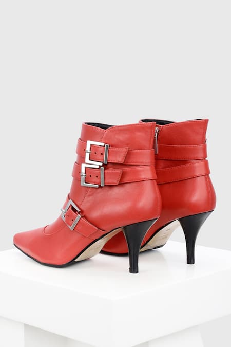 Buy_Oroh_Red Buckles Valeria Conical Heel Leather Boots _Online_at_Aza_Fashions