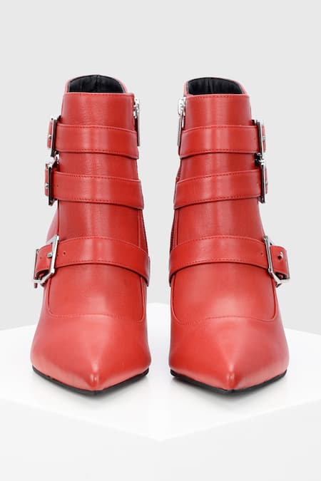 Shop_Oroh_Red Buckles Valeria Conical Heel Leather Boots _Online_at_Aza_Fashions