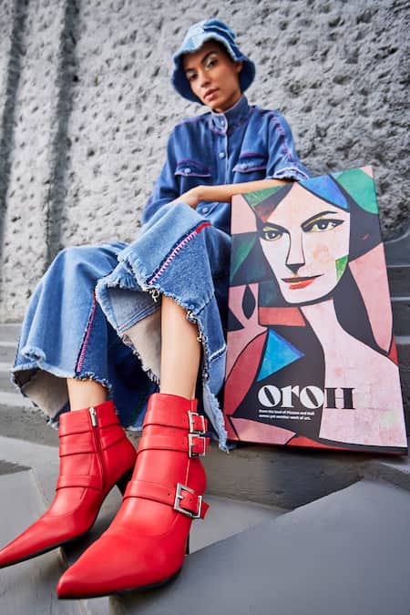 Oroh_Red Buckles Valeria Conical Heel Leather Boots _at_Aza_Fashions