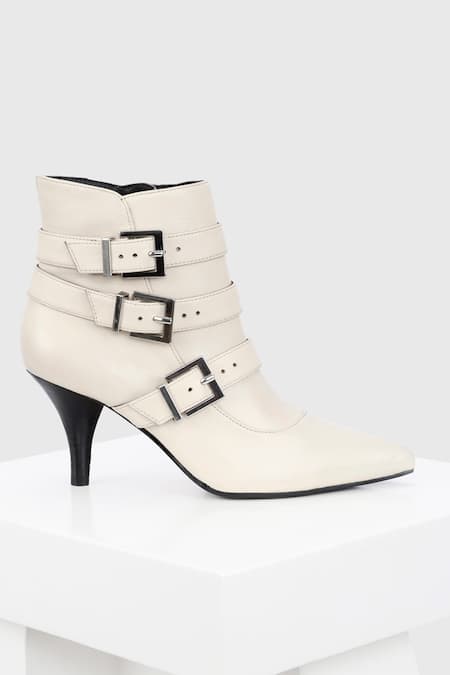 Oroh_White Buckles Valeria Conical Heel Ankle Boots _Online_at_Aza_Fashions