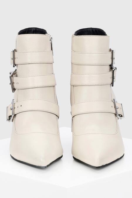 Shop_Oroh_White Buckles Valeria Conical Heel Ankle Boots _Online_at_Aza_Fashions