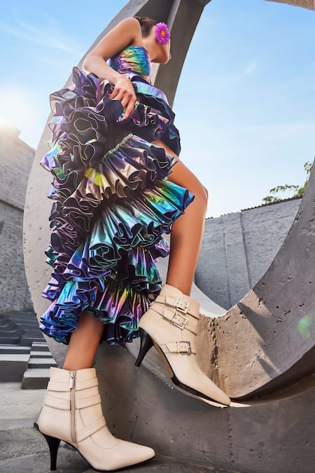 Oroh_White Buckles Valeria Conical Heel Ankle Boots _at_Aza_Fashions