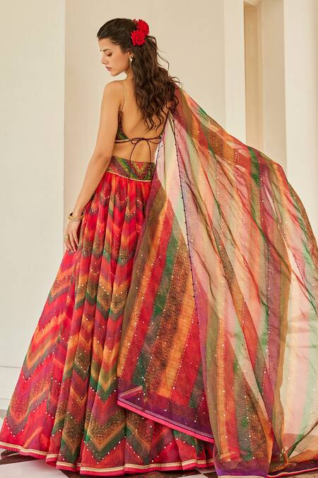 Shop_Cedar & Pine_Multi Color Organza, Brocade Sequins, Bohemian Chevron Print Lehenga Set_at_Aza_Fashions