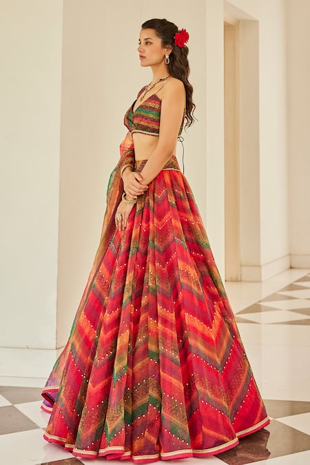 Cedar & Pine_Multi Color Organza, Brocade Sequins, Bohemian Chevron Print Lehenga Set_Online_at_Aza_Fashions