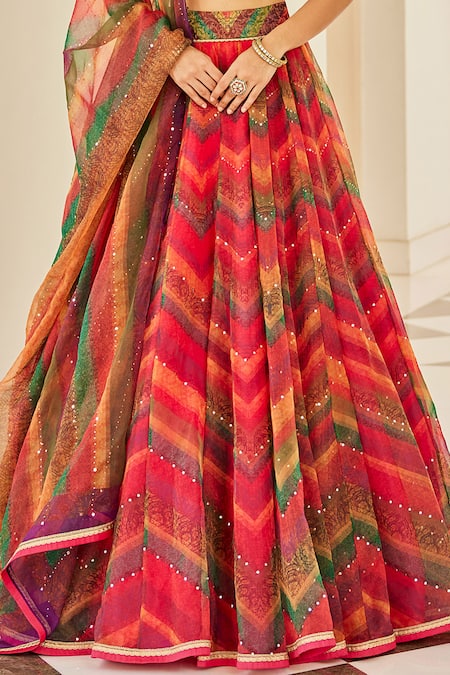 Buy_Cedar & Pine_Multi Color Organza, Brocade Sequins, Bohemian Chevron Print Lehenga Set_Online_at_Aza_Fashions