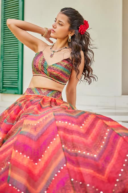 Shop_Cedar & Pine_Multi Color Organza, Brocade Sequins, Bohemian Chevron Print Lehenga Set_Online_at_Aza_Fashions