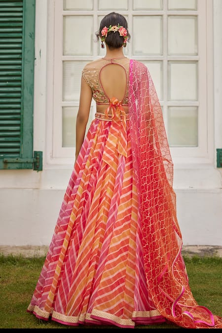 Shop Cedar & Pine Multi Color Organza, Tulle Embroidery, Beads V-neck Leheriya Print Lehenga Set at Aza Fashions Shop_Cedar & Pine_Multi Color Organza, Tulle Embroidery, Beads V-neck Leheriya Print Lehenga Set _at_Aza_Fashions