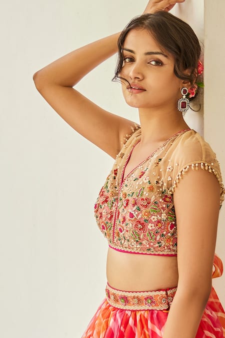 Cedar & Pine Multi Color Organza, Tulle Embroidery, Beads V-neck Leheriya Print Lehenga Set Online at Aza Fashions Cedar & Pine_Multi Color Organza, Tulle Embroidery, Beads V-neck Leheriya Print Lehenga Set _Online_at_Aza_Fashions
