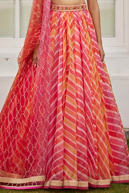 Buy Cedar & Pine Multi Color Organza, Tulle Embroidery, Beads V-neck Leheriya Print Lehenga Set Online at Aza Fashions Buy_Cedar & Pine_Multi Color Organza, Tulle Embroidery, Beads V-neck Leheriya Print Lehenga Set _Online_at_Aza_Fashions