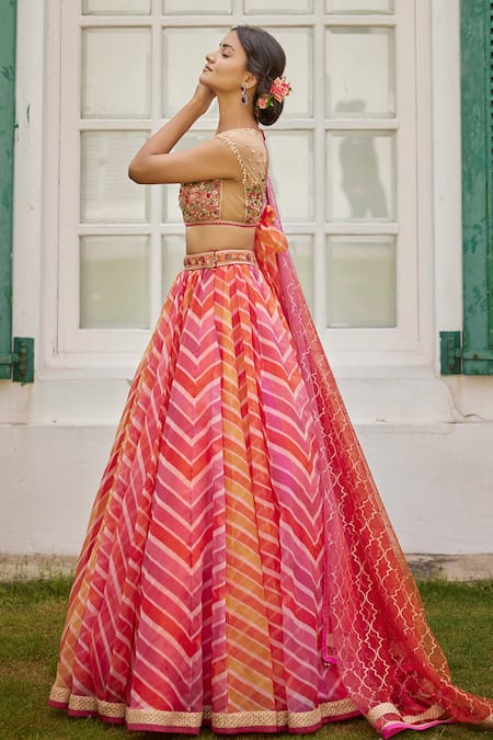 Shop Cedar & Pine Multi Color Organza, Tulle Embroidery, Beads V-neck Leheriya Print Lehenga Set Online at Aza Fashions Shop_Cedar & Pine_Multi Color Organza, Tulle Embroidery, Beads V-neck Leheriya Print Lehenga Set _Online_at_Aza_Fashions