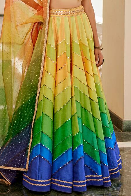 Cedar & Pine Multi Color Chiffon Mirrors, Beads Scoop Neck Block Chevron Pattern Lehenga Set Online at Aza Fashions Cedar & Pine_Multi Color Chiffon Mirrors, Beads Scoop Neck Block Chevron Pattern Lehenga Set _Online_at_Aza_Fashions