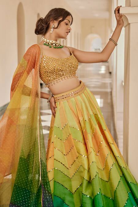 Buy Cedar & Pine Multi Color Chiffon Mirrors, Beads Scoop Neck Block Chevron Pattern Lehenga Set Online at Aza Fashions Buy_Cedar & Pine_Multi Color Chiffon Mirrors, Beads Scoop Neck Block Chevron Pattern Lehenga Set _Online_at_Aza_Fashions