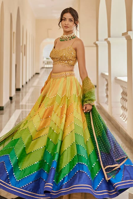 Shop Cedar & Pine Multi Color Chiffon Mirrors, Beads Scoop Neck Block Chevron Pattern Lehenga Set Online at Aza Fashions Shop_Cedar & Pine_Multi Color Chiffon Mirrors, Beads Scoop Neck Block Chevron Pattern Lehenga Set _Online_at_Aza_Fashions