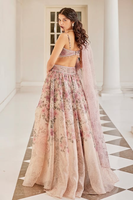 Shop_Cedar & Pine_Ivory Organza Beads Sweetheart Neck English Floral Print Lehenga Set _at_Aza_Fashions