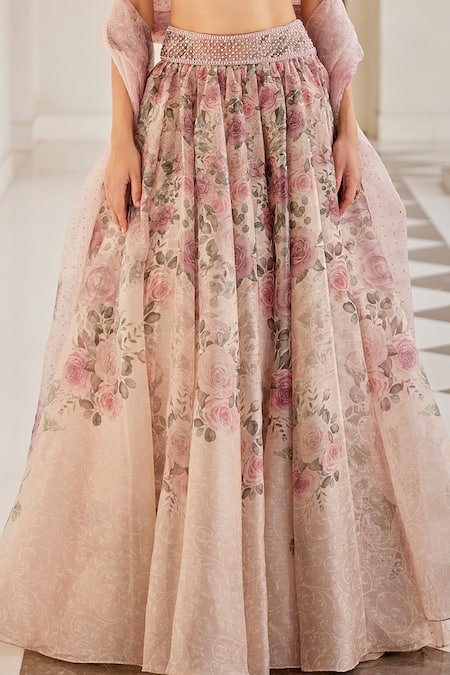 Cedar & Pine_Ivory Organza Beads Sweetheart Neck English Floral Print Lehenga Set _Online_at_Aza_Fashions