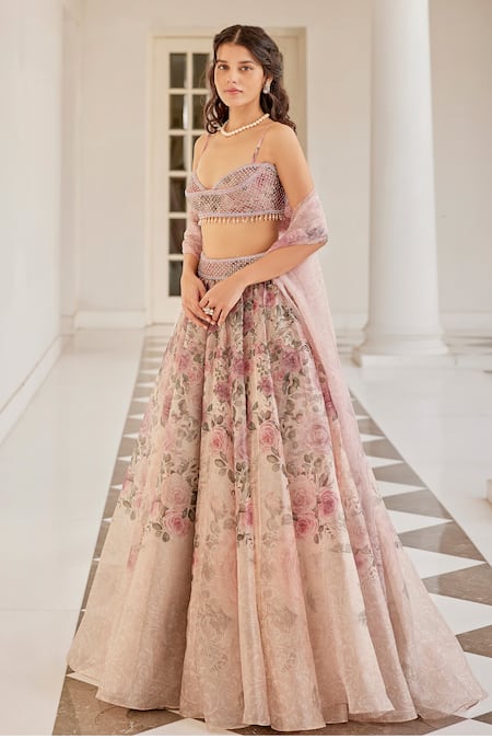 Shop_Cedar & Pine_Ivory Organza Beads Sweetheart Neck English Floral Print Lehenga Set _Online_at_Aza_Fashions