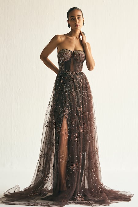 Cedar & Pine Brown Tulle Embroidered Crystal Cosmic Sequin Strapless Gown 