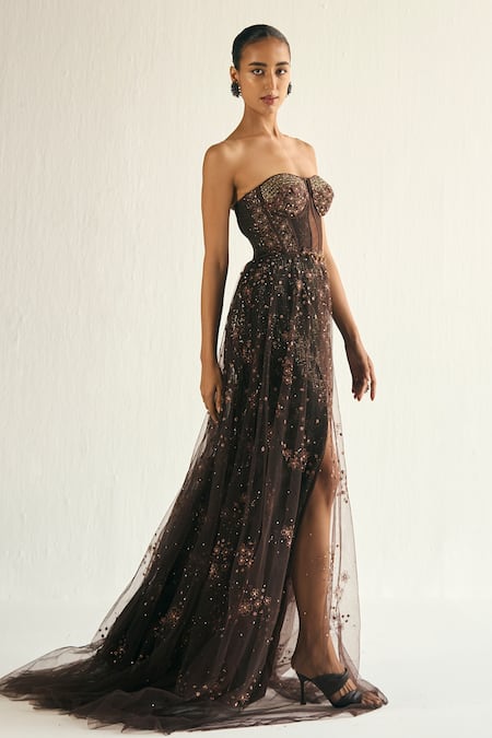Cedar & Pine_Brown Tulle Sequins, Embroidery, Crystals Sweetheart Cosmic Strapless Gown _Online_at_Aza_Fashions
