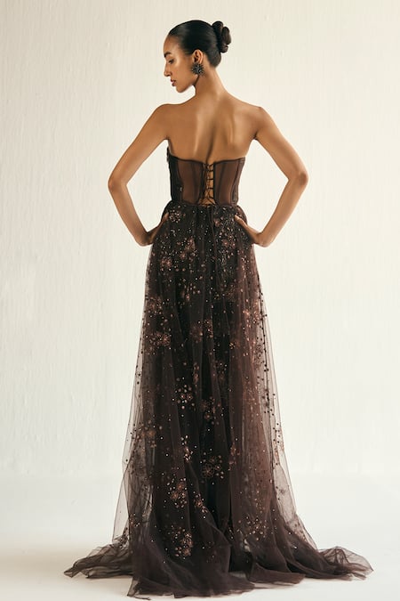 Shop_Cedar & Pine_Brown Tulle Sequins, Embroidery, Crystals Sweetheart Cosmic Strapless Gown _Online_at_Aza_Fashions