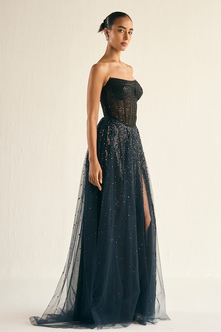 Buy_Cedar & Pine_Black Tulle Sequins, Crystals Square Neck Umbra Embellished Corset Gown _Online_at_Aza_Fashions