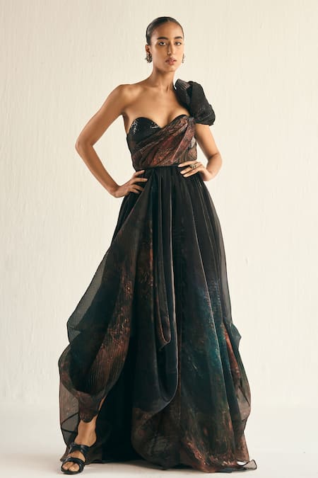 Cedar & Pine Black Organza Embellished Sequin One Jupiter Placed Abstract Print Draped Gown 