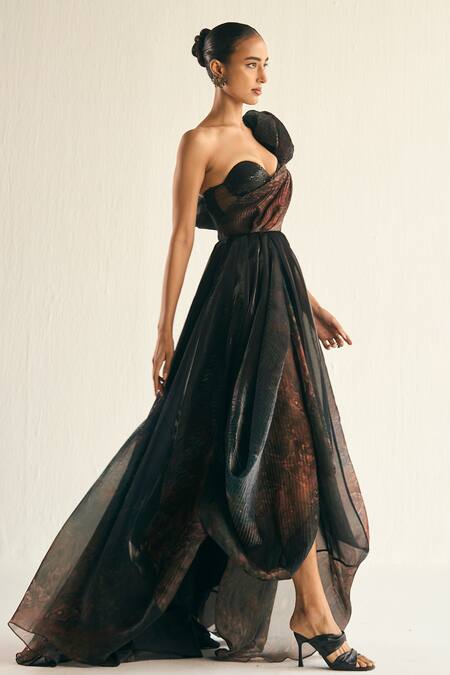 Cedar & Pine_Black Organza Sequins, Embroidery Jupiter Placed Abstract Print Draped Gown _Online_at_Aza_Fashions