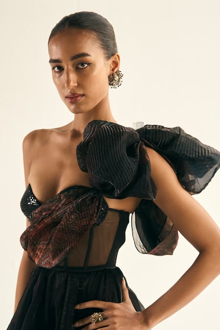 Buy_Cedar & Pine_Black Organza Sequins, Embroidery Jupiter Placed Abstract Print Draped Gown _Online_at_Aza_Fashions