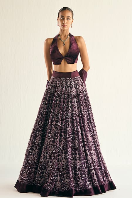 Cedar & Pine Purple Tulle Embroidered Sequin Halter Neck Floral Lehenga Set  