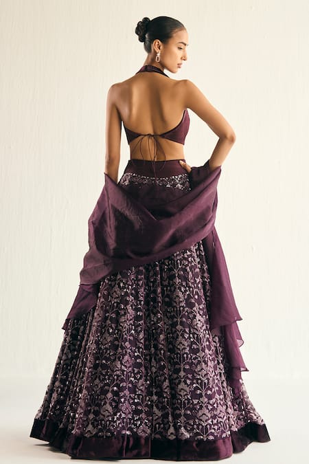Shop Cedar & Pine Purple Tulle Sequins, Embroidery Halter Neck Floral Lehenga Set at Aza Fashions Shop_Cedar & Pine_Purple Tulle Sequins, Embroidery Halter Neck Floral Lehenga Set _at_Aza_Fashions