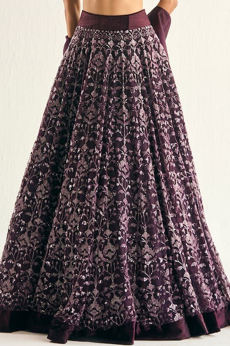 Cedar & Pine Purple Tulle Sequins, Embroidery Halter Neck Floral Lehenga Set Online at Aza Fashions Cedar & Pine_Purple Tulle Sequins, Embroidery Halter Neck Floral Lehenga Set _Online_at_Aza_Fashions