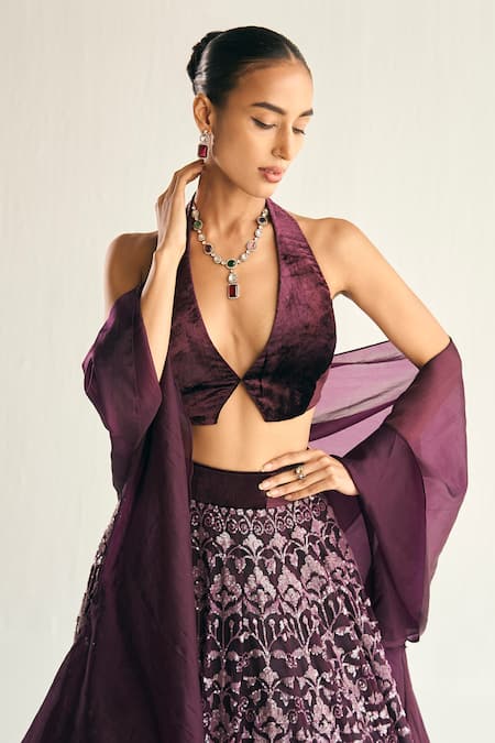Buy Cedar & Pine Purple Tulle Sequins, Embroidery Halter Neck Floral Lehenga Set Online at Aza Fashions Buy_Cedar & Pine_Purple Tulle Sequins, Embroidery Halter Neck Floral Lehenga Set _Online_at_Aza_Fashions