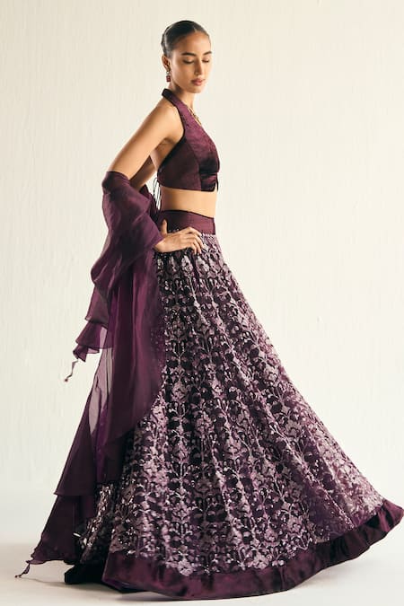 Shop Cedar & Pine Purple Tulle Sequins, Embroidery Halter Neck Floral Lehenga Set Online at Aza Fashions Shop_Cedar & Pine_Purple Tulle Sequins, Embroidery Halter Neck Floral Lehenga Set _Online_at_Aza_Fashions