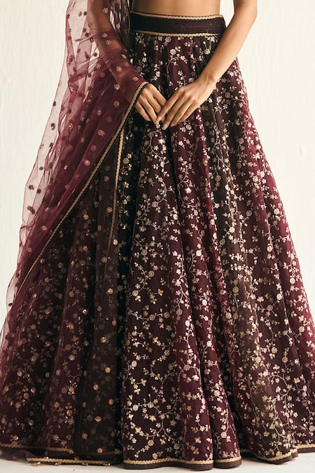 Cedar & Pine_Maroon Organza Sequins, Zari Plunge Neck Floral Jaal Embroidered Lehenga Set _Online_at_Aza_Fashions