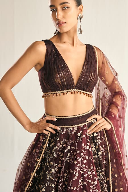 Buy_Cedar & Pine_Maroon Organza Sequins, Zari Plunge Neck Floral Jaal Embroidered Lehenga Set _Online_at_Aza_Fashions