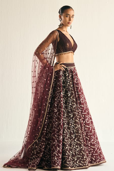 Shop_Cedar & Pine_Maroon Organza Sequins, Zari Plunge Neck Floral Jaal Embroidered Lehenga Set _Online_at_Aza_Fashions