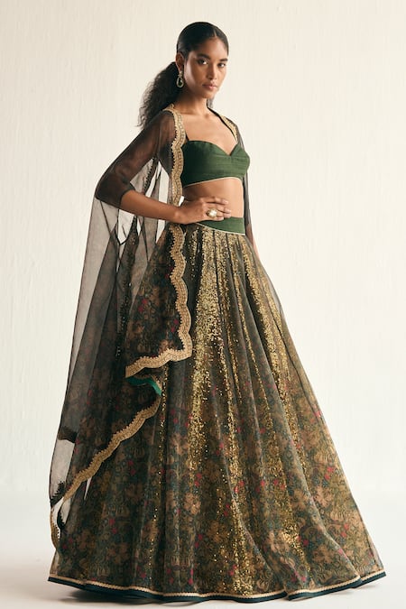 Cedar & Pine Green Organza Embroidered Enchanted Forest Floral Print Lehenga Set 