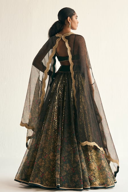 Shop Cedar & Pine Green Organza Sequins, Embroidery Enchanted Forest Floral Print Lehenga Cape Set at Aza Fashions Shop_Cedar & Pine_Green Organza Sequins, Embroidery Enchanted Forest Floral Print Lehenga Cape Set _at_Aza_Fashions
