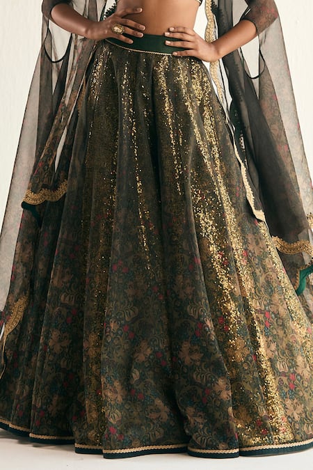 Cedar & Pine Green Organza Sequins, Embroidery Enchanted Forest Floral Print Lehenga Cape Set Online at Aza Fashions Cedar & Pine_Green Organza Sequins, Embroidery Enchanted Forest Floral Print Lehenga Cape Set _Online_at_Aza_Fashions