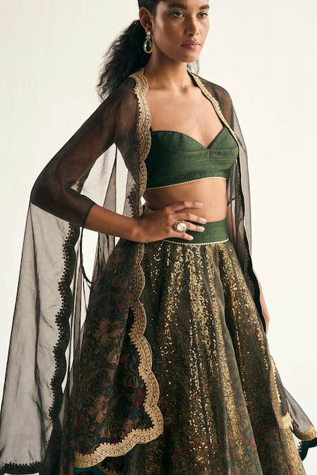 Buy Cedar & Pine Green Organza Sequins, Embroidery Enchanted Forest Floral Print Lehenga Cape Set Online at Aza Fashions Buy_Cedar & Pine_Green Organza Sequins, Embroidery Enchanted Forest Floral Print Lehenga Cape Set _Online_at_Aza_Fashions