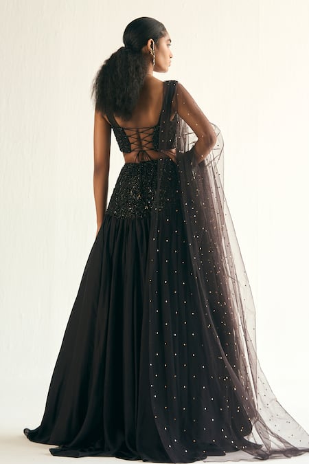 Shop_Cedar & Pine_Black Crepe, Tulle, Modal Sequins, Crystals Umbra Embroidered Lehenga Set _at_Aza_Fashions