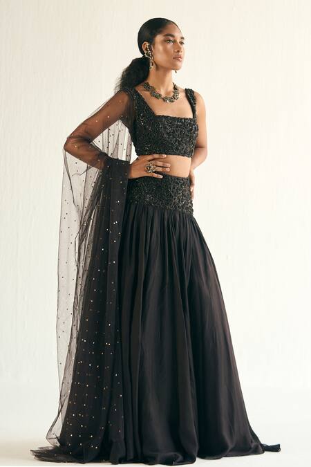 Cedar & Pine_Black Crepe, Tulle, Modal Sequins, Crystals Umbra Embroidered Lehenga Set _Online_at_Aza_Fashions