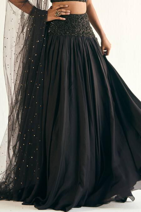Shop_Cedar & Pine_Black Crepe, Tulle, Modal Sequins, Crystals Umbra Embroidered Lehenga Set _Online_at_Aza_Fashions
