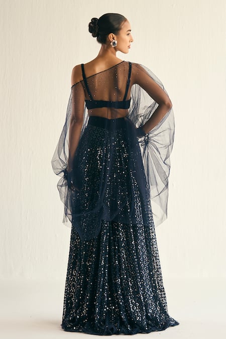 Shop Cedar & Pine Blue Velvet, Tulle Sequins, Crystals Floral Embroidered Lehenga Sheer Cape Set at Aza Fashions Shop_Cedar & Pine_Blue Velvet, Tulle Sequins, Crystals Floral Embroidered Lehenga Sheer Cape Set _at_Aza_Fashions