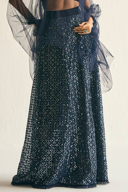 Cedar & Pine Blue Velvet, Tulle Sequins, Crystals Floral Embroidered Lehenga Sheer Cape Set Online at Aza Fashions Cedar & Pine_Blue Velvet, Tulle Sequins, Crystals Floral Embroidered Lehenga Sheer Cape Set _Online_at_Aza_Fashions