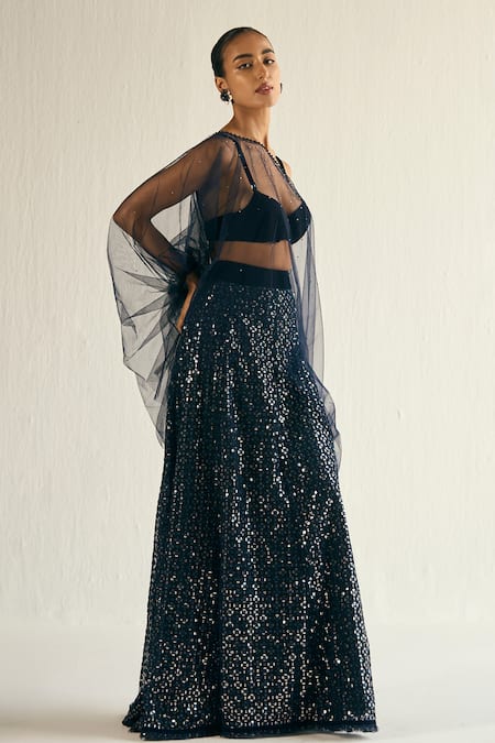 Buy Cedar & Pine Blue Velvet, Tulle Sequins, Crystals Floral Embroidered Lehenga Sheer Cape Set Online at Aza Fashions Buy_Cedar & Pine_Blue Velvet, Tulle Sequins, Crystals Floral Embroidered Lehenga Sheer Cape Set _Online_at_Aza_Fashions